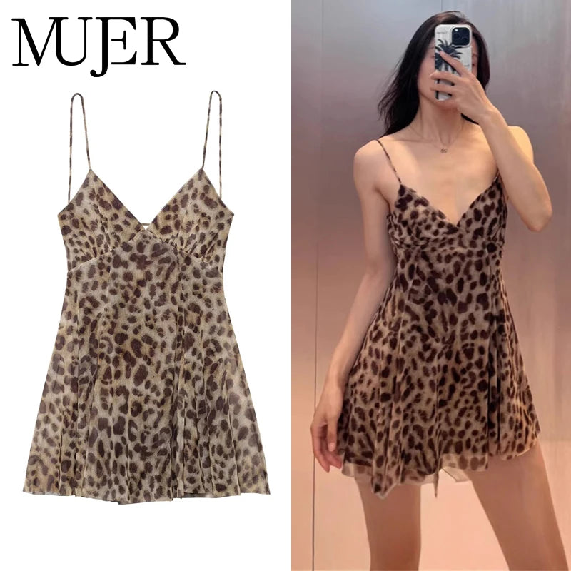 Robe Mini Tulle Léopard Femme 2025 — Dos Nu, Drapée, Soirée & Fête