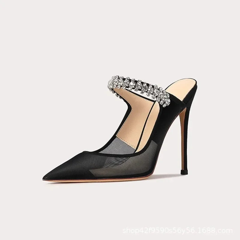 Mules Femme Diamant Filet Bout Fermé 2024 — Talon Fin, Noir, Été Sexy