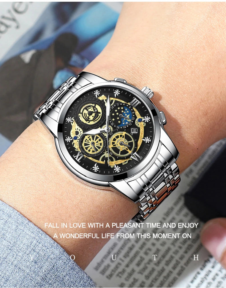 Montre Homme BINBOND Luxe Quartz — Acier Inoxydable, Lumineux, Étanche 30M, Business