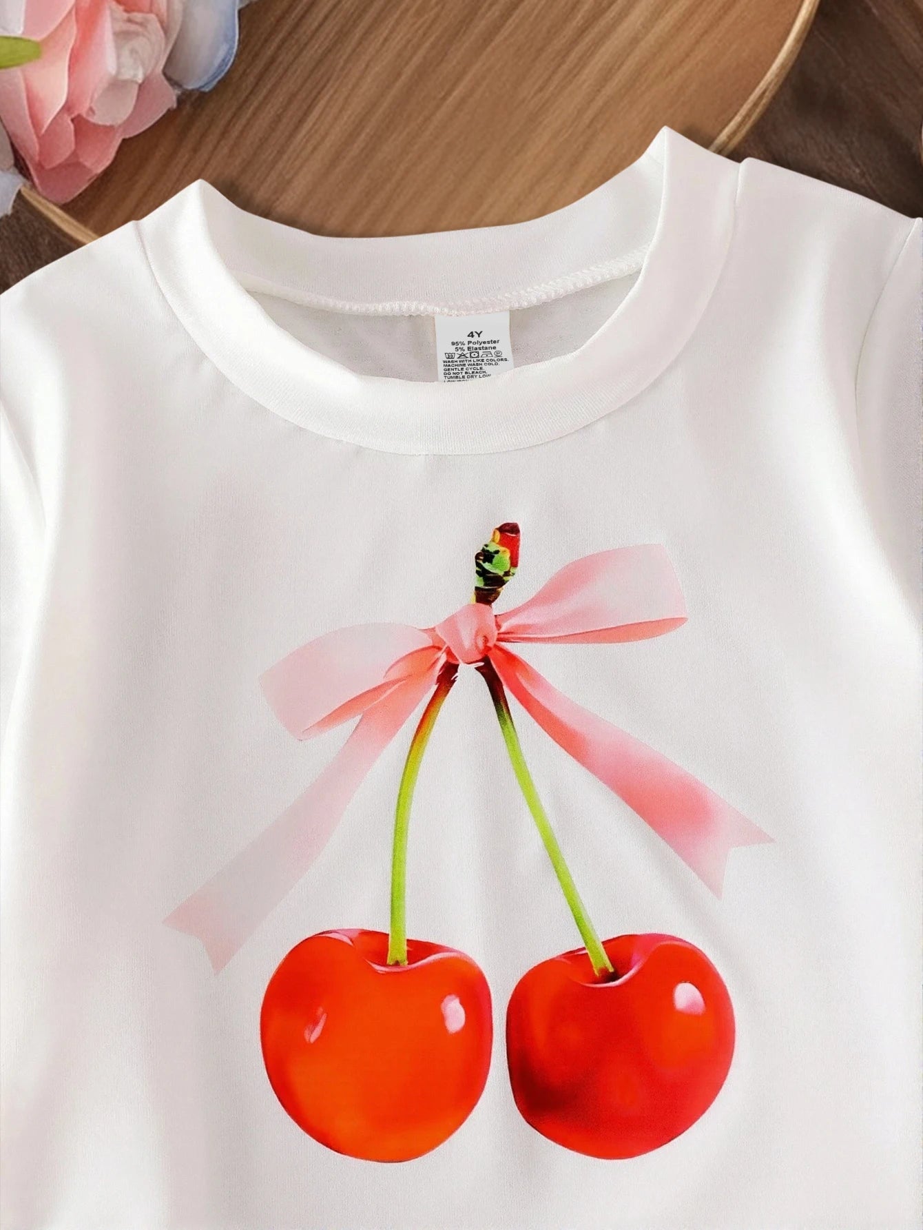 Ensemble 2 pièces filles – Haut manches courtes imprimé cerises & short à carreaux avec dentelle, col rond, été