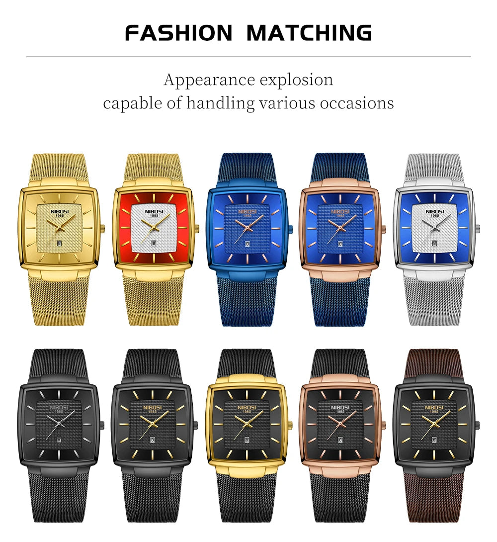 NIBOSI Montre Homme Luxe Carrée Quartz — Maille Ultra-Fine, Étanche, Lumineux