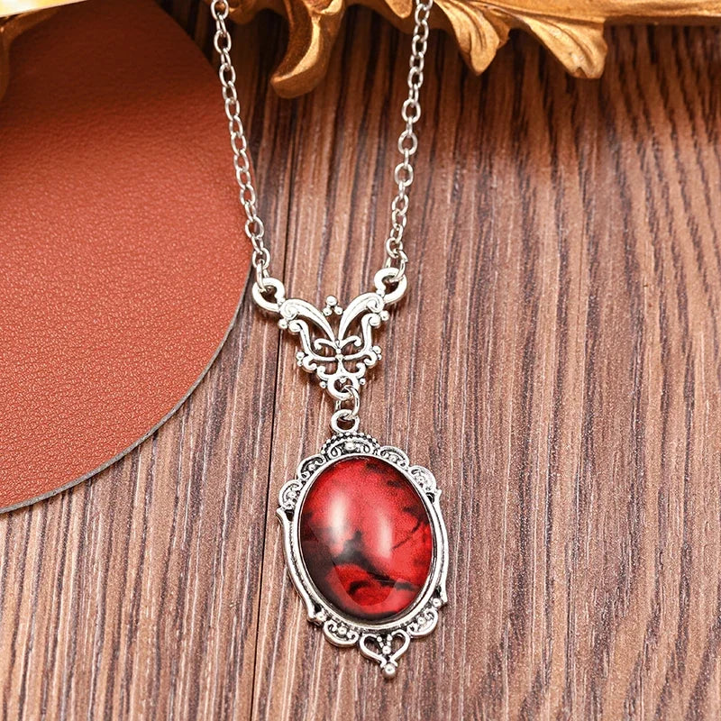 Collier Pendentif Gothique Quartz Rouge — Ovale, Vampire Halloween, Vintage Choker
