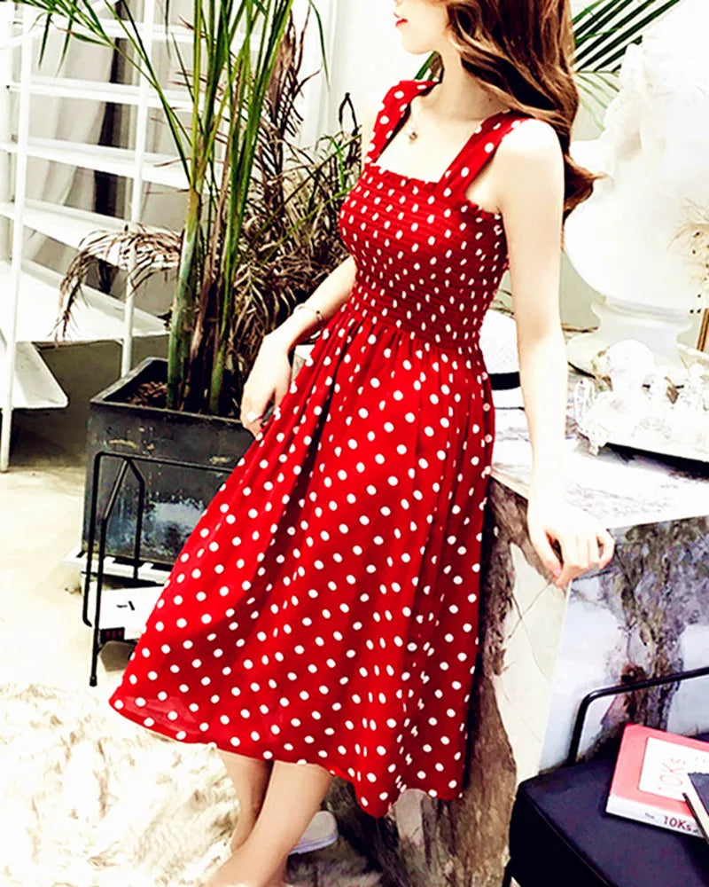 Robe Longue Vintage Pois Bretelles 5XL — Volantée, Soyeuse, Sexy Plage Été