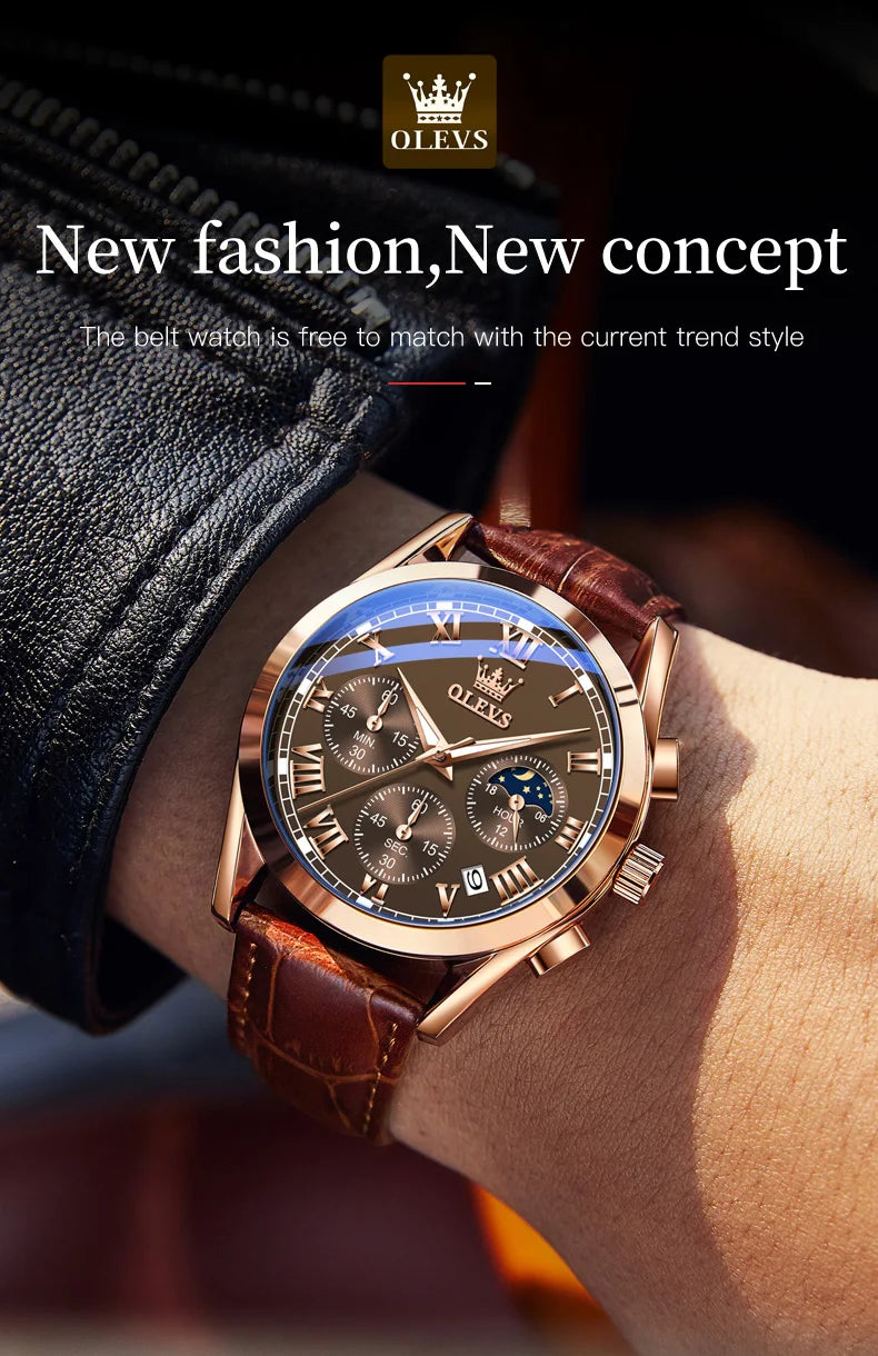 Montre Homme OLEVS 2871 Chronographe Phase de Lune — Étanche, Multifonction, Quartz Luxe