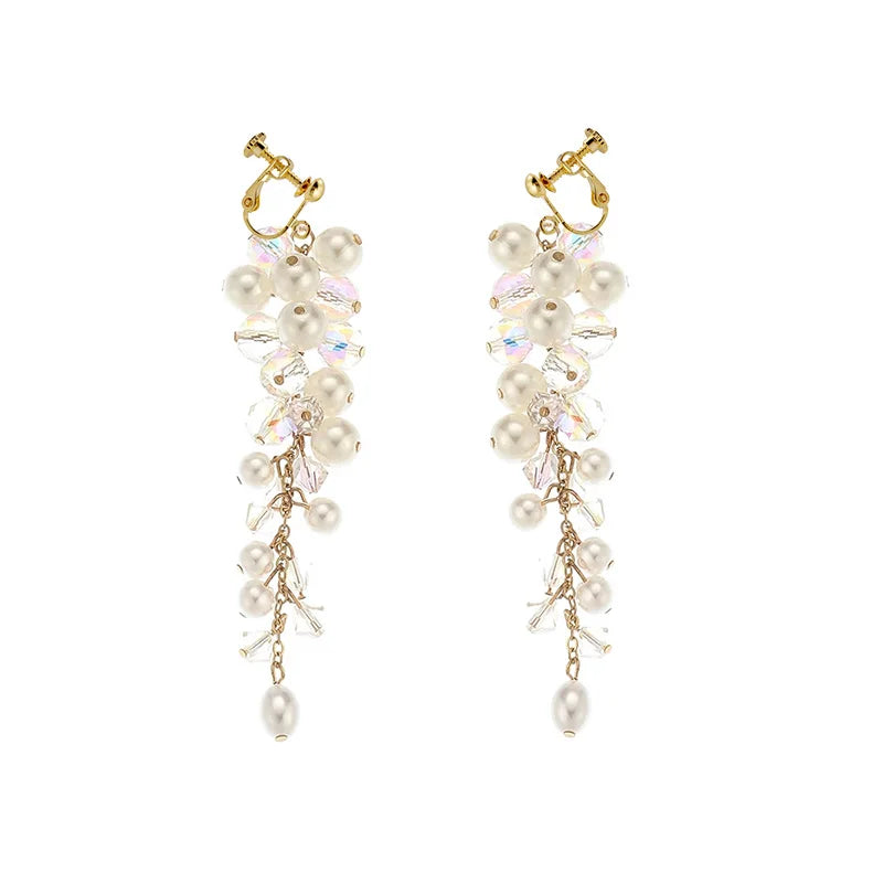 Boucles d'Oreilles Clip Perle Simulée Bohème — Longues Franges, Style Mariage & Banquet
