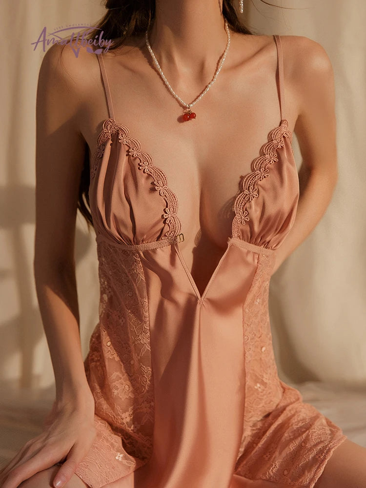 Nuisette Femme Satin Dentelle Bretelles — Chemise de Nuit Soie Glacée, Rembourrée