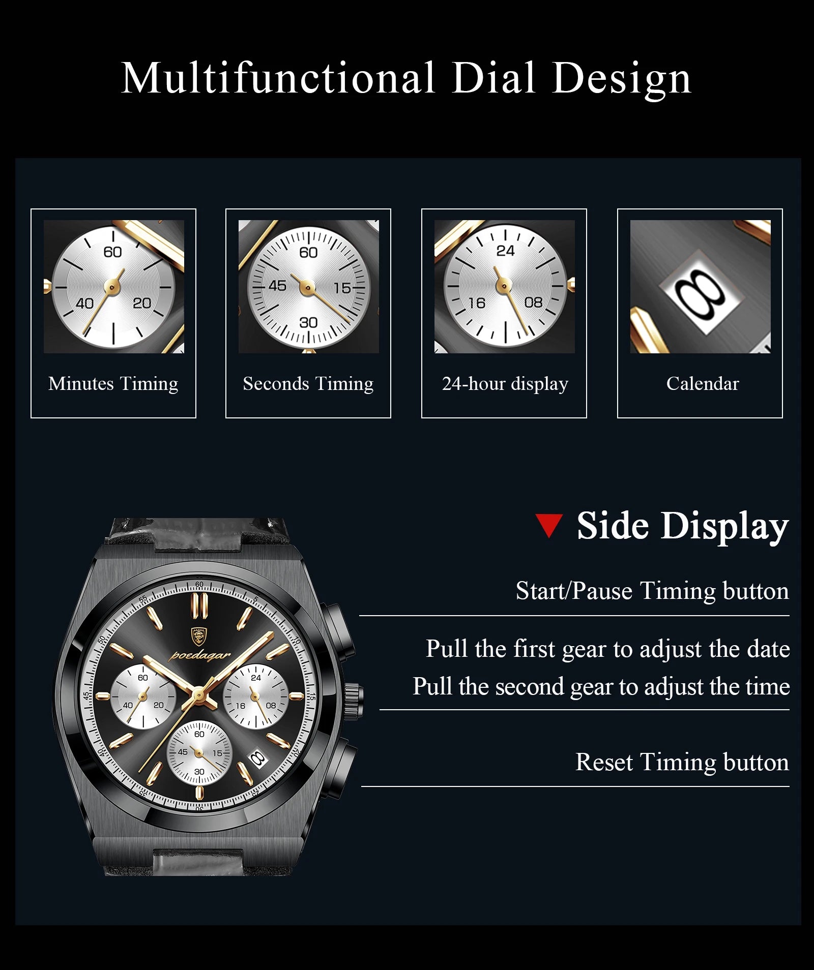 Montre Homme POEDAGAR Business Quartz — Étanche, Lumineux, Chronographe, Date, Sport