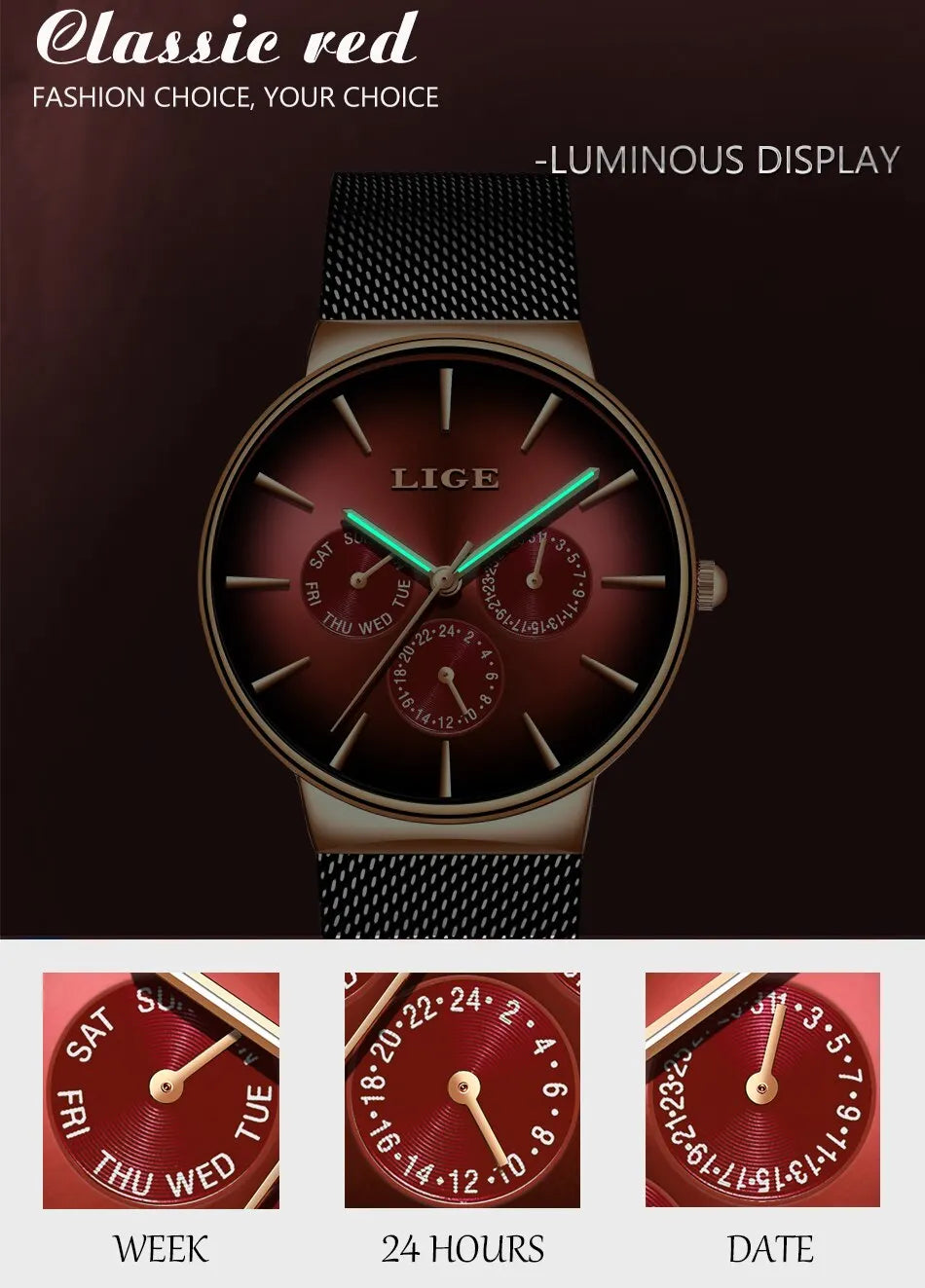 Montre Homme LIGE Luxe Quartz — Maille Acier Ultra-Fine, Étanche, Sport