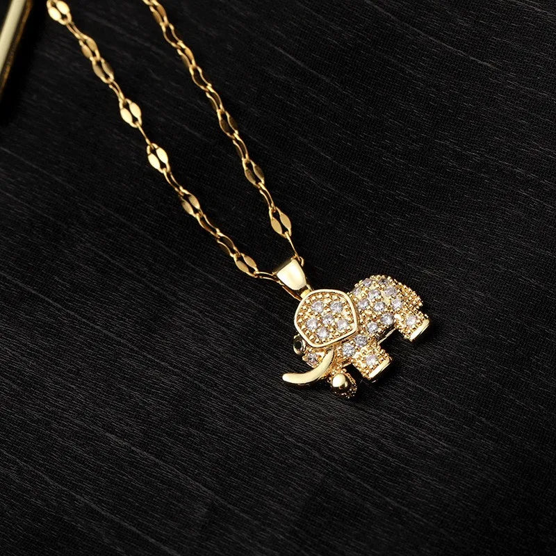 Collier Pendentif Éléphant Zircon Cubique — Cuivre Doré, Polyvalent, Homme & Femme