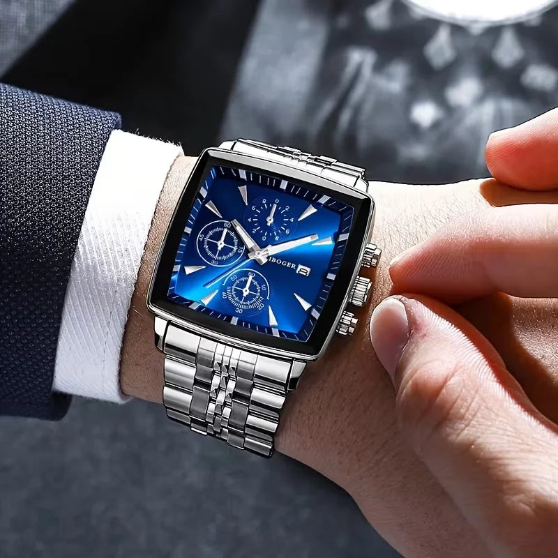 Montre Homme Luxe Carrée Quartz — Acier Inoxydable, Calendrier, Business (Sans Boîte)