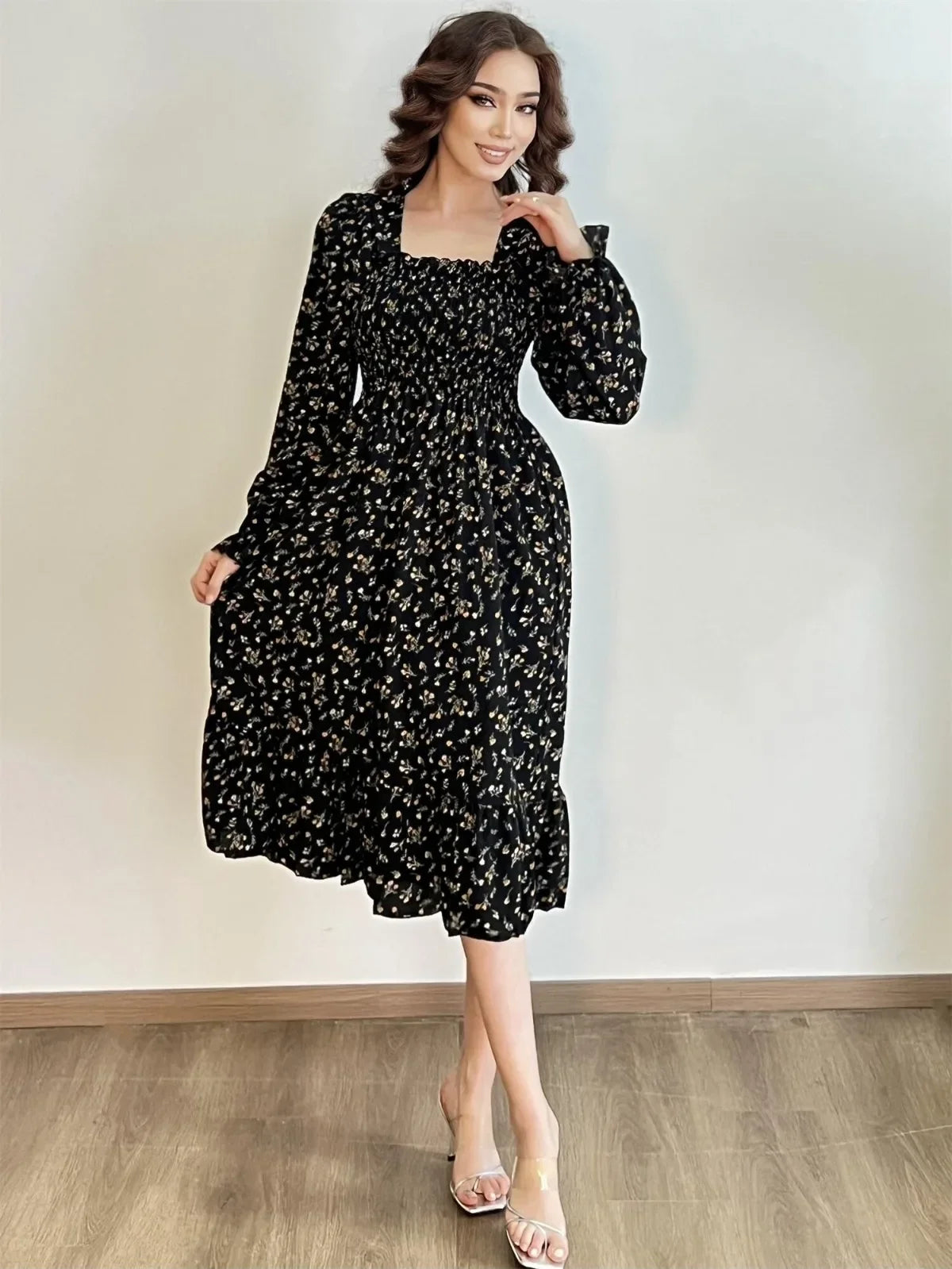 Robe Midi Femme Mousseline Manches Longues — Imprimé Floral Laçage