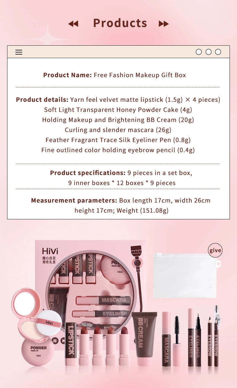 Coffret Maquillage 9 Pièces — Rouge à Lèvres, Poudre, Cadeau Saint-Valentin