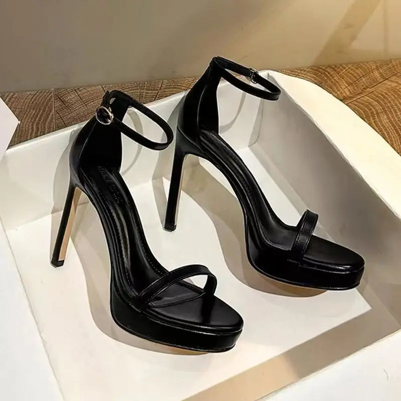 Escarpins Noirs Bout Ouvert Talon Aiguille Plateforme — Ultra-Haut, Style Coréen 2025