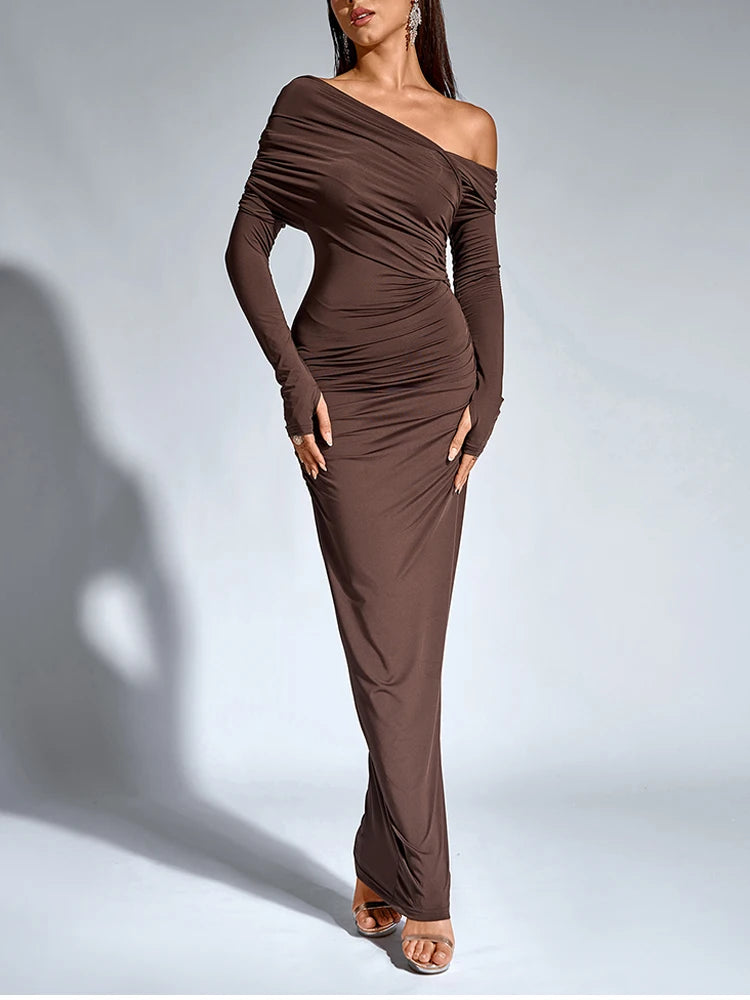 Robe Longue Asymmétrique Épaule Unique — Manches Longues, Bodycon Club, Automne