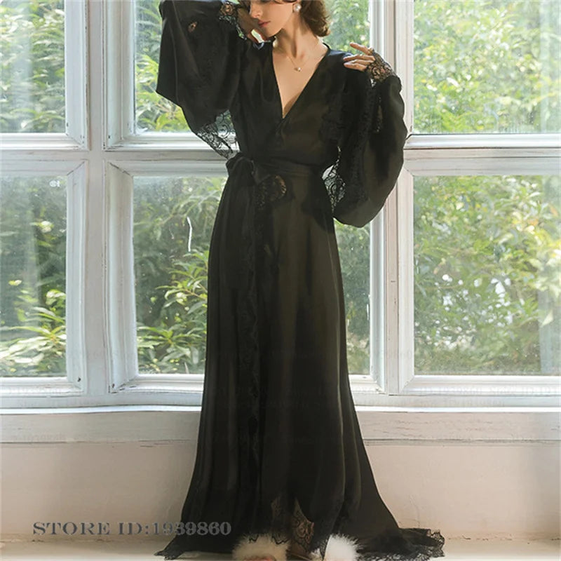Robe de Chambre Mariée Blanche Dentelle Longue — Kimono Soie Glacée, Sexy Lounge