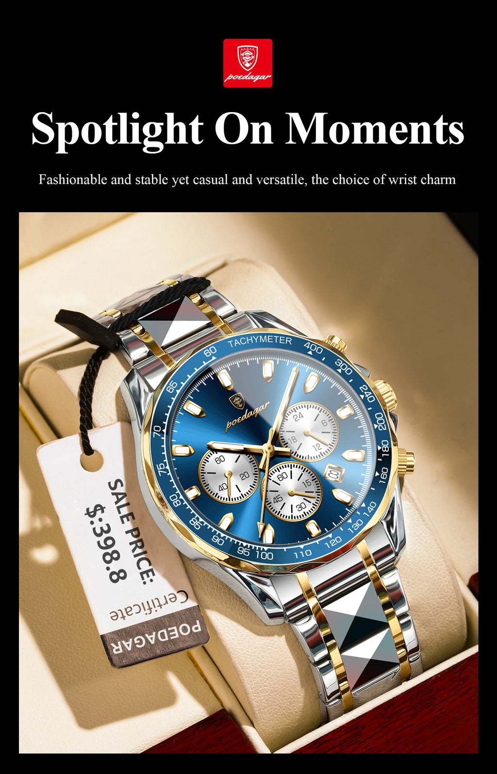 POEDAGAR Montre Homme Sport Luxe Chronographe — Acier Inoxydable, Étanche, Lumineuse
