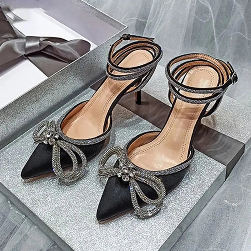 Escarpins Glitter Strass Noeud Soie Talon Fin — Bout Pointu, Boucle, Soirée Prom 2025