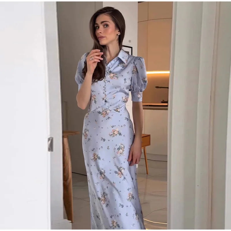 Robe Midi Imprimée Col V Profond — Manches Bouffantes, Taille Haute, Soirée 2026