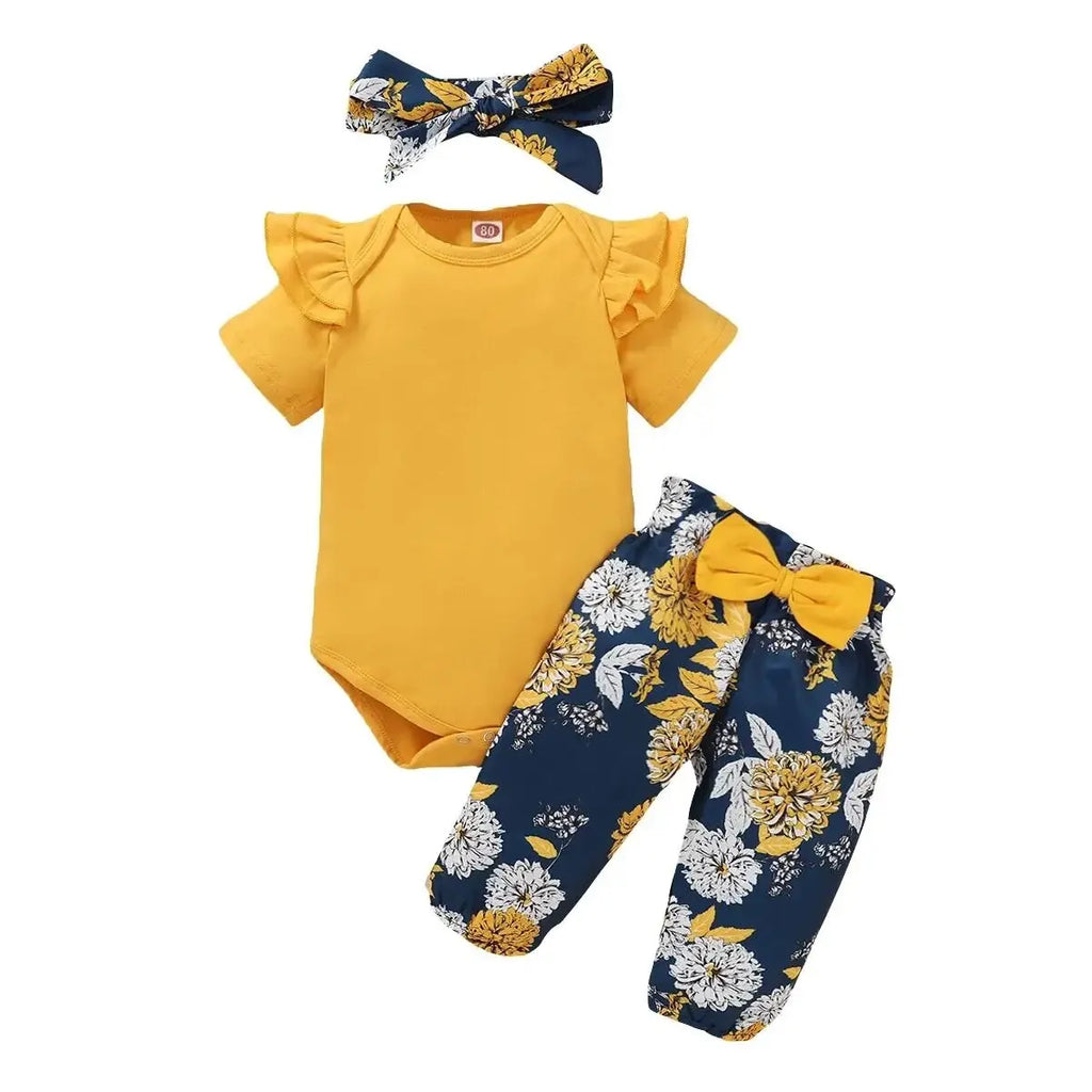 Ensemble Bébé Fille 3 Pièces — Body Manches Courtes, Pantalon Floral & Bandeau