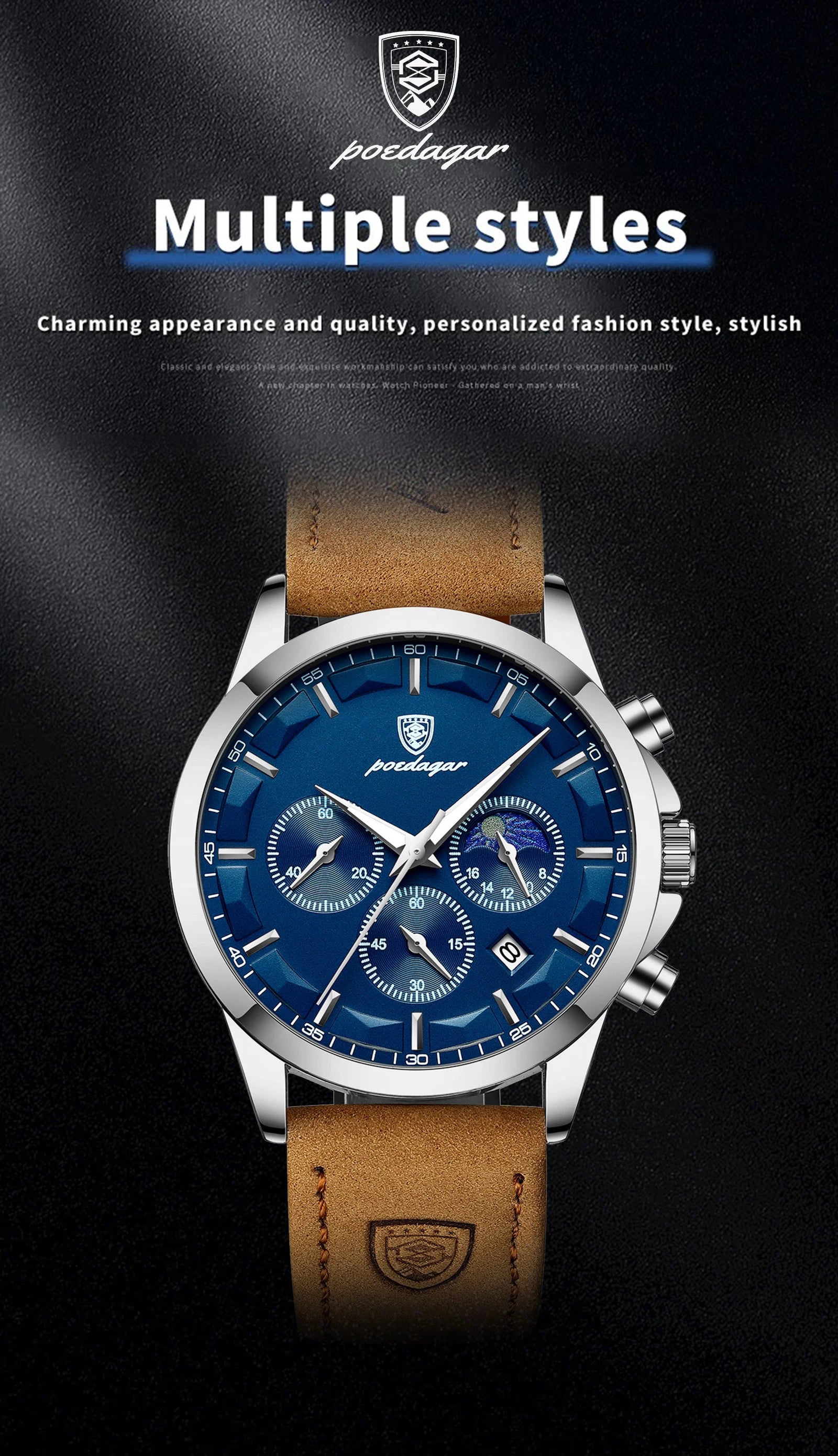 POEDAGAR Montre Homme Luxe Chronographe Cuir — Étanche, Lumineuse, Date, Sport Militaire