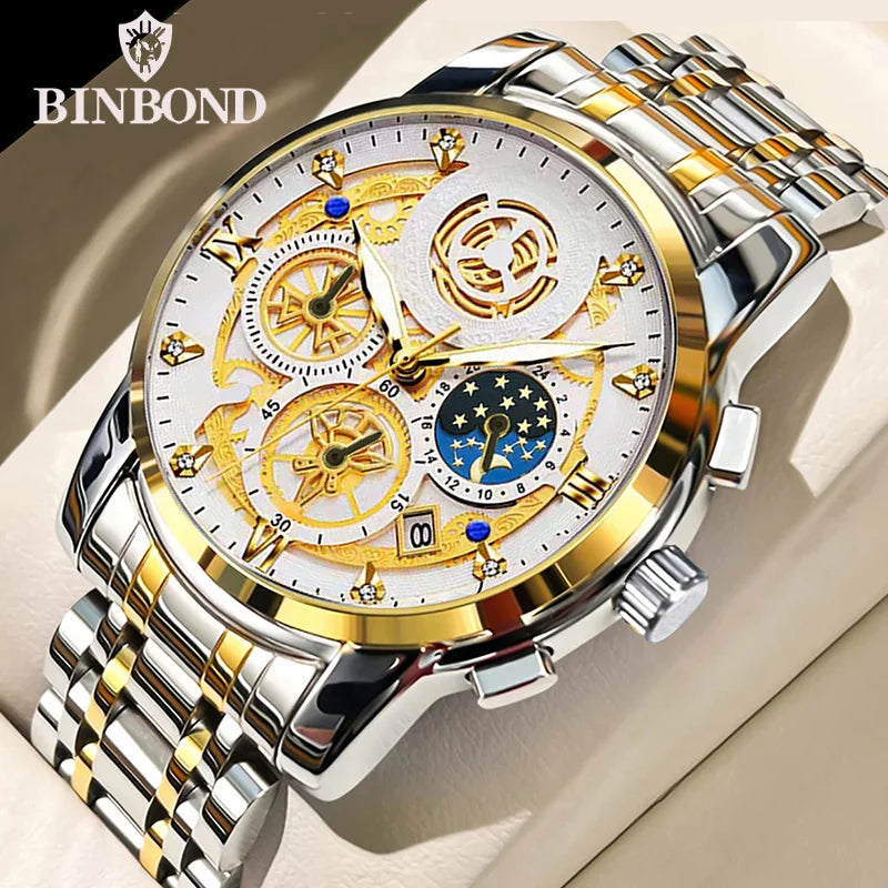 Montre Homme BINBOND Luxe Quartz — Acier Inoxydable, Lumineux, Étanche 30M, Business