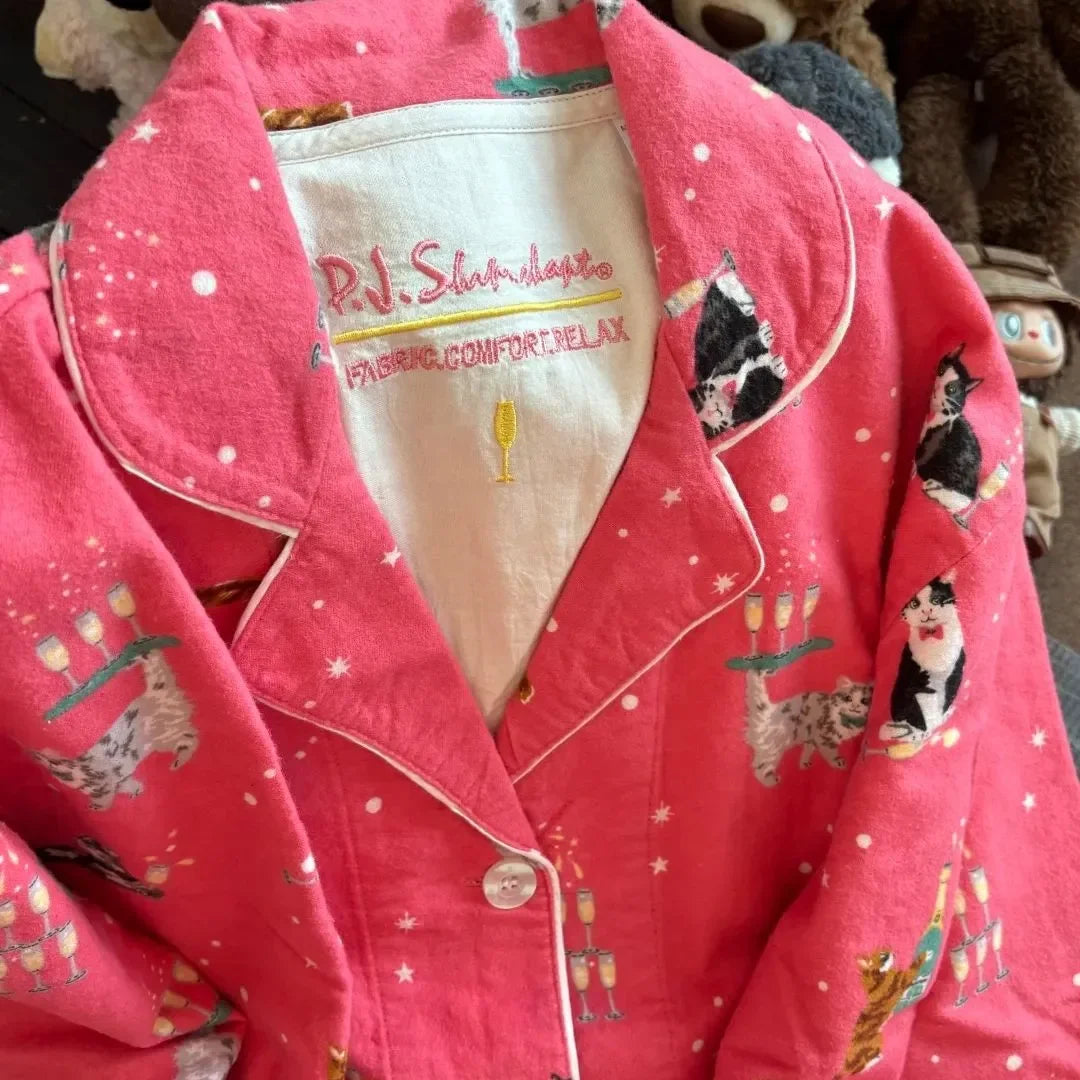 Ensemble Pyjama Femme Coton — Imprimé Cartoon Mignon, 2 Pièces, Manches Longues, Automne