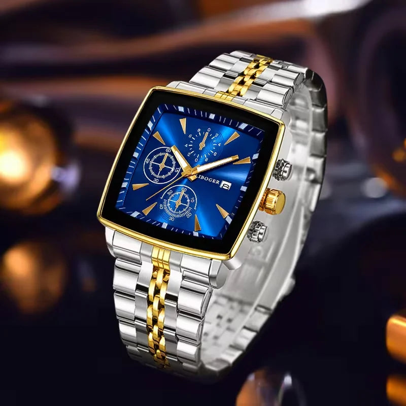 Montre Homme Luxe Carrée Quartz — Acier Inoxydable, Calendrier, Business (Sans Boîte)
