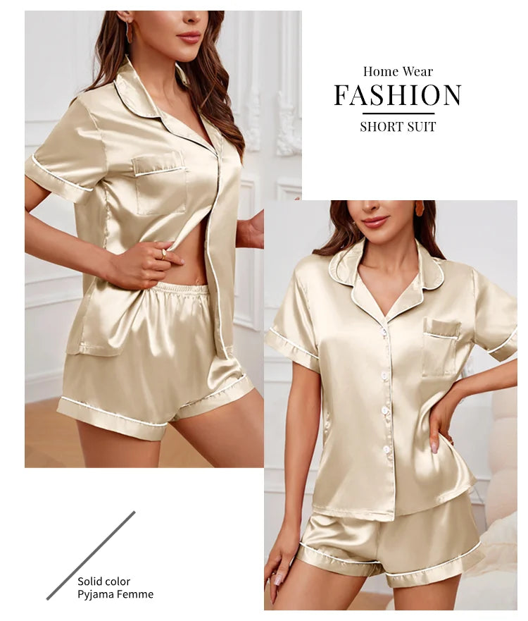 Pyjama Femme Satin Luxueux — 2 Pièces Manches Courtes, Col Chemise, Été