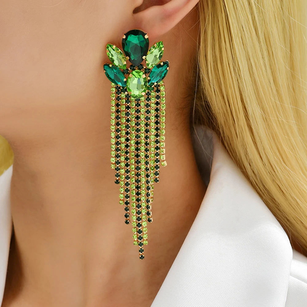Boucles d'Oreilles Longues Pendantes Cristal Verre Femme — Franges Luxe, Cadeau Bijou
