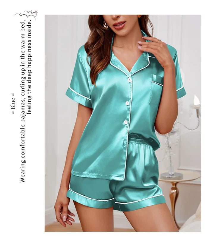 Pyjama Femme Satin Luxueux — 2 Pièces Manches Courtes, Col Chemise, Été