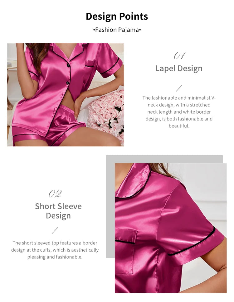 Pyjama Femme Satin Luxueux — 2 Pièces Manches Courtes, Col Chemise, Été