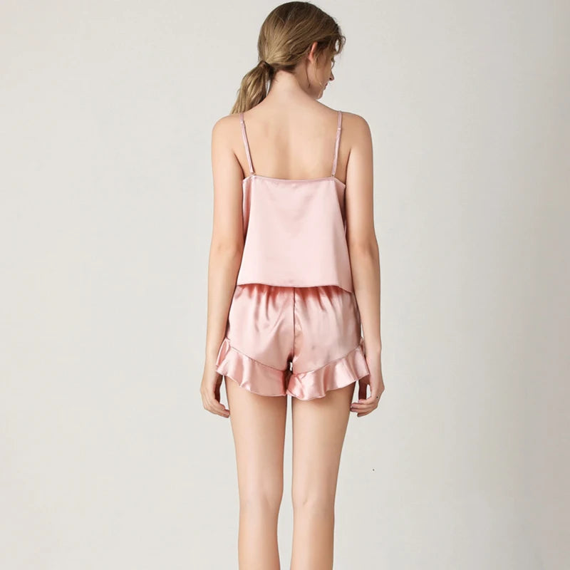 Pyjama Femme Soie Satin Volanté — Camisole & Short, Lounge Maison