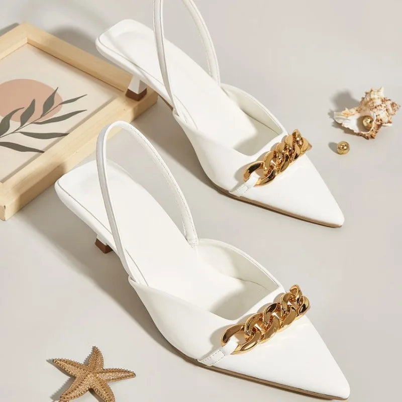 Sandales Femme Chaîne Talon 3cm — Mules Slingback Élégantes, Mariage & Luxe