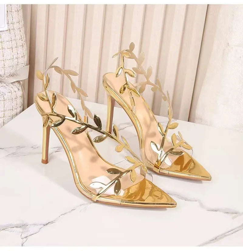 Sandales Femme Paillettes Feuille Stiletto — Bout Pointu, Soirée & Prom Élégant