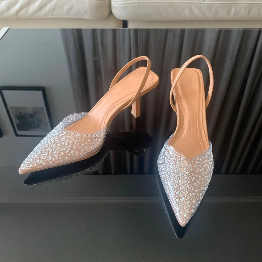 Escarpins Femme Perle Slingback 2024 — Bout Pointu, Talon Haut Élégant, Été