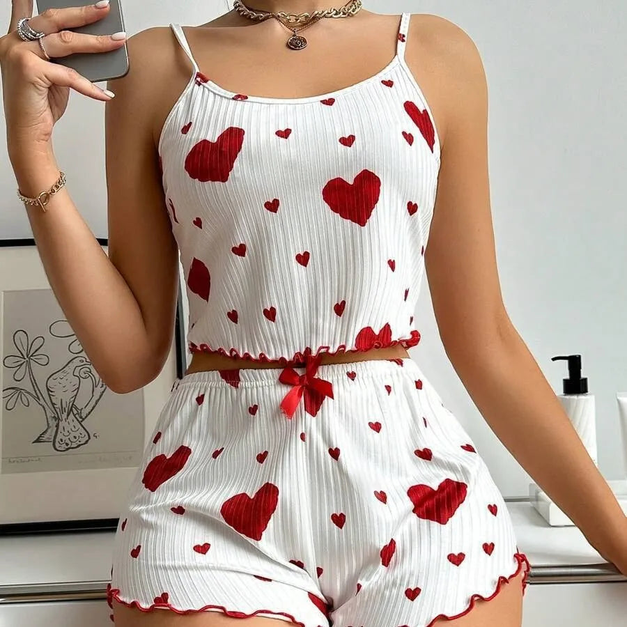 Pyjama Femme 2 Pièces Imprimé Cœur — Top Sans Manches & Short, Doux Été
