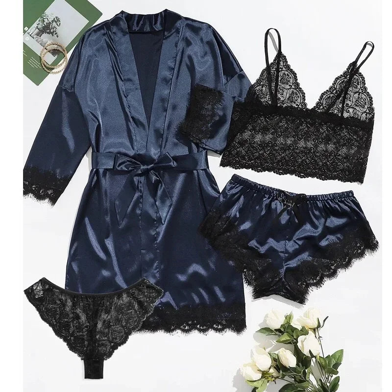 Ensemble Lingerie Femme 4 Pièces Dentelle — Nuisette, Short, Robe de Chambre, Sexy