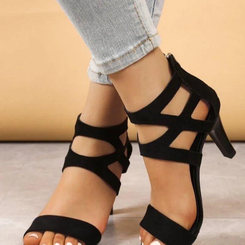 Sandales Femme Bout Ouvert Bandes Croisées — Talon Haut, Fermeture Dos, Noir