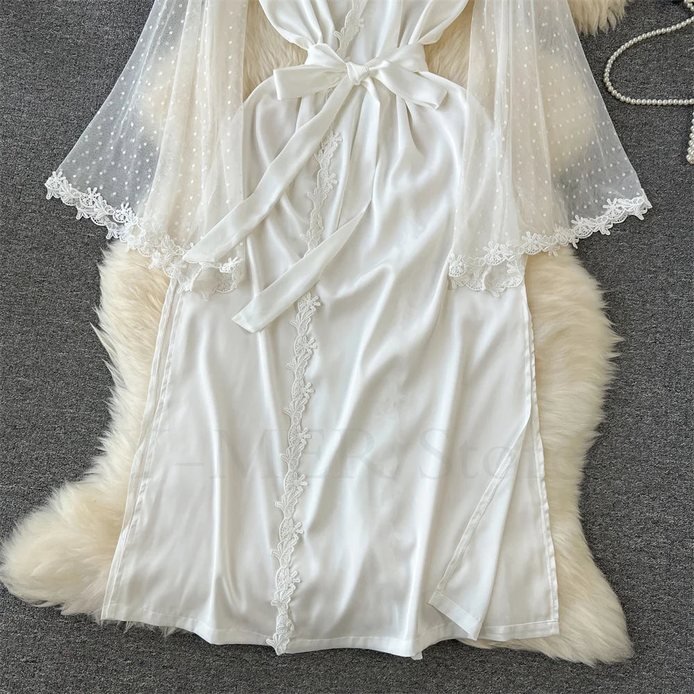 Robe de Chambre Kimono Dentelle Broderie — Longue, Satin Soie, Mariage & Nuit