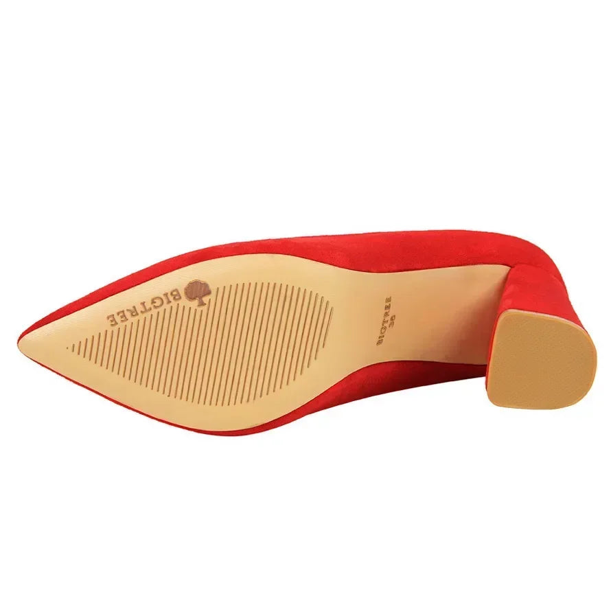 Escarpins Suède Talon Bloc 8.5cm Femme — Rouge Kaki, Soirée Danse Nightclub