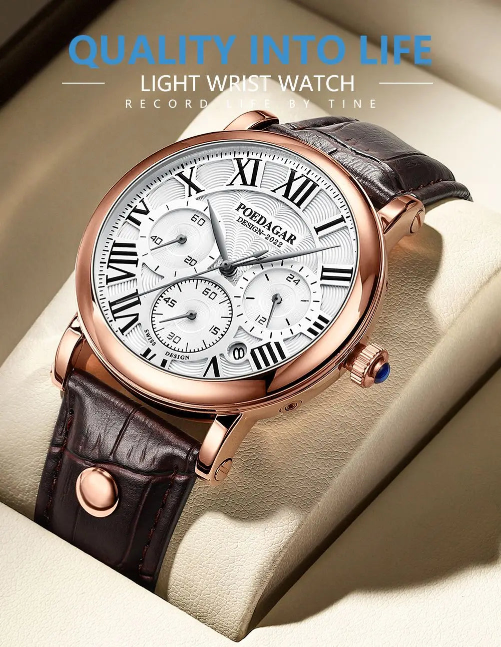 Montre Homme POEDAGAR Luxe Chronographe — Date, Cuir, Étanche, Business