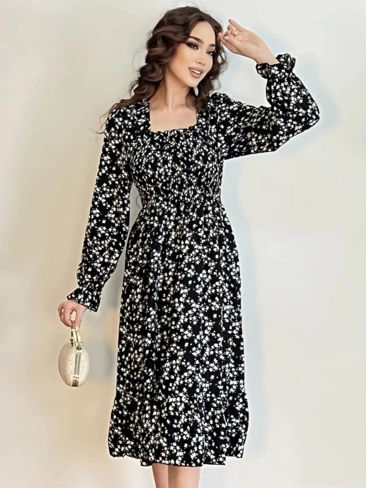 Robe Midi Femme Mousseline Manches Longues — Imprimé Floral Laçage