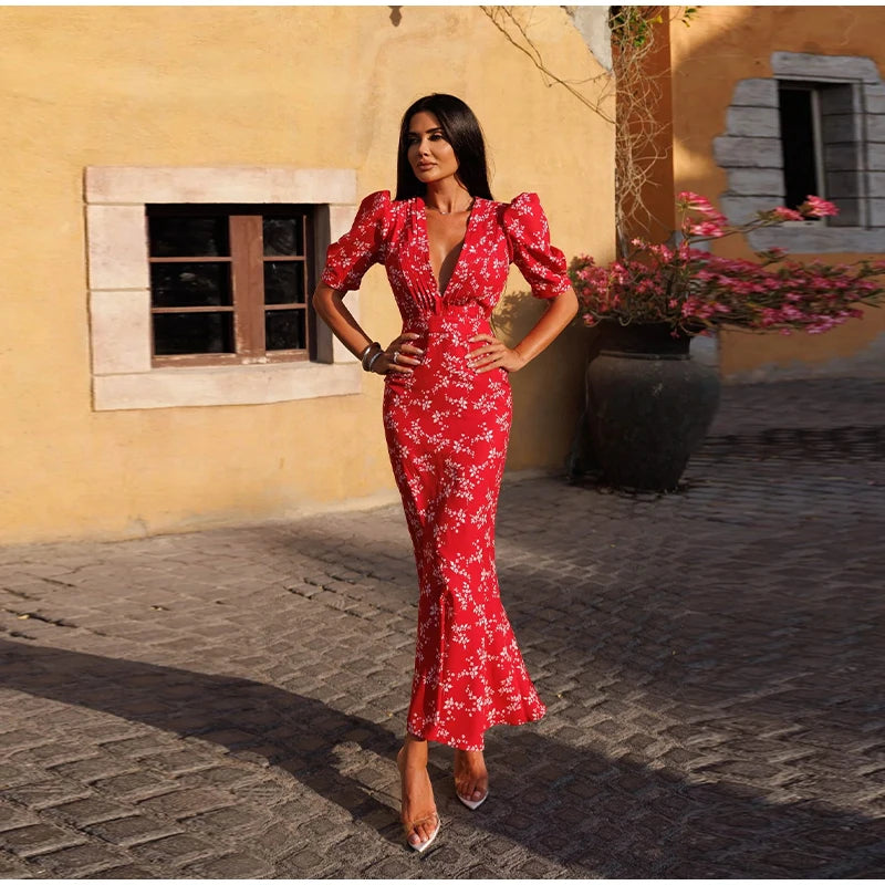 Robe Midi Imprimée Col V Profond — Manches Bouffantes, Taille Haute, Soirée 2026