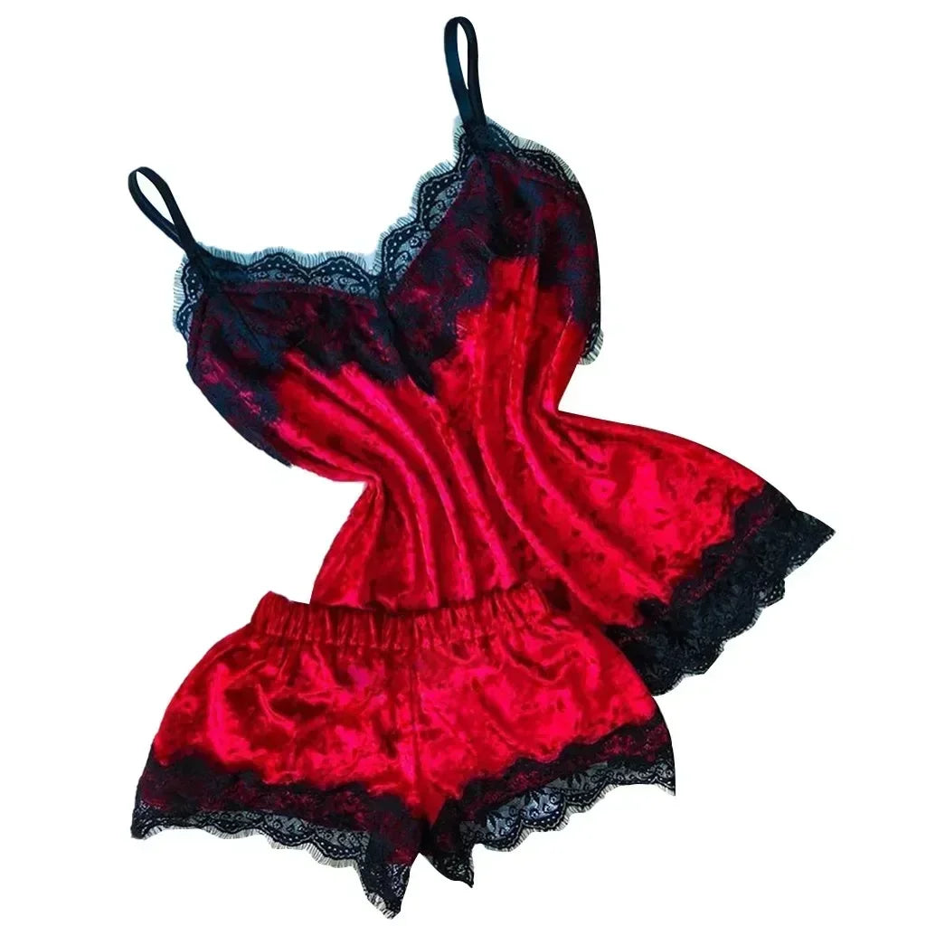 Pyjama Femme Dentelle Satin 2 Pièces — Top Court & Short, Sexy Lounge Été