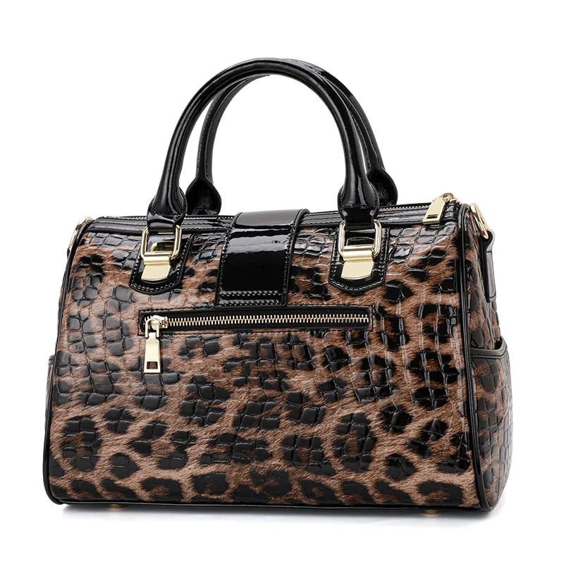 Sac Boston Femme Cuir Véritable Imprimé Léopard — Style Luxe Tendance