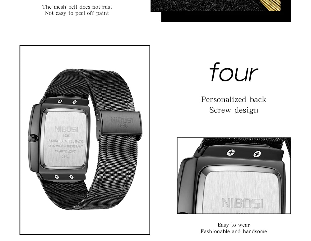 NIBOSI Montre Homme Luxe Carrée Quartz — Maille Ultra-Fine, Étanche, Lumineux