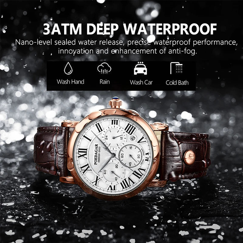 Montre Homme POEDAGAR Luxe Chronographe — Date, Cuir, Étanche, Business