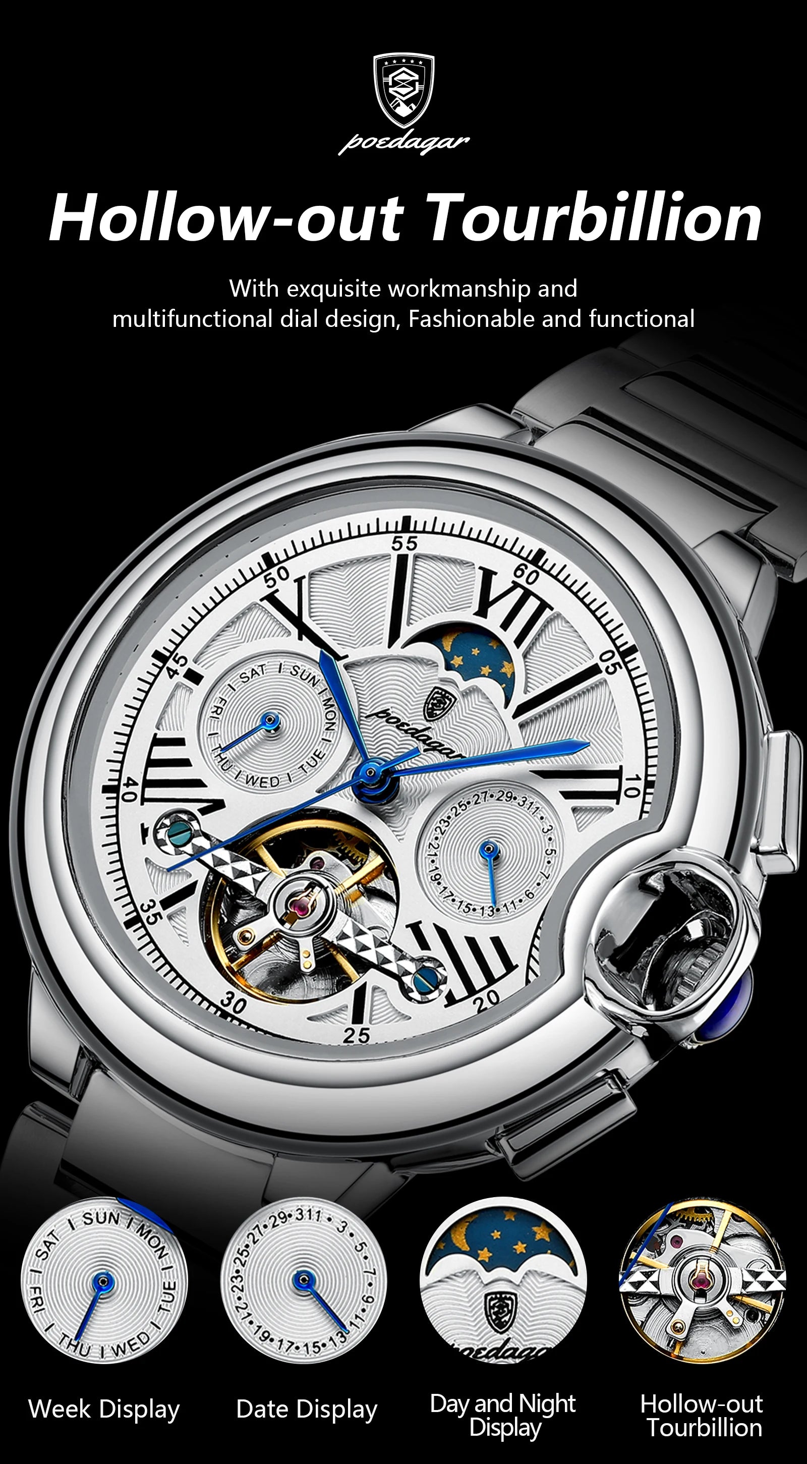 POEDAGAR Montre Automatique Homme Luxe — Tourbillon, Acier, Date & Semaine, Étanche