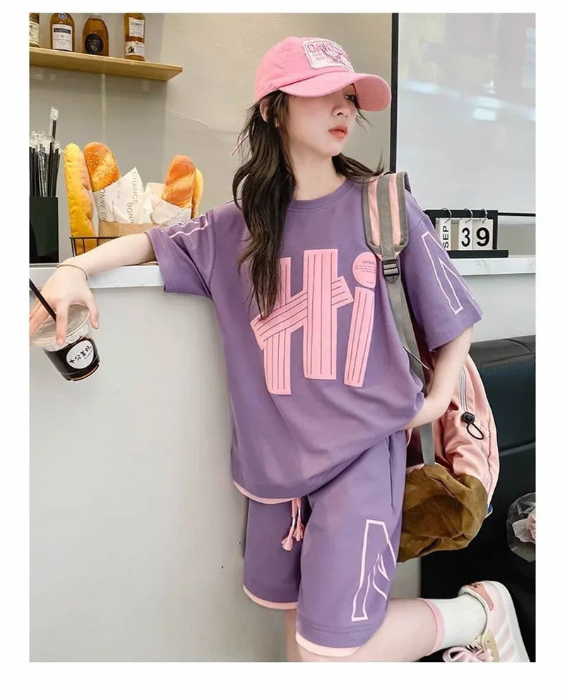 Ensemble 2 pièces filles – T-shirt manches courtes & short décontracté imprimé lettres, 5-14 ans