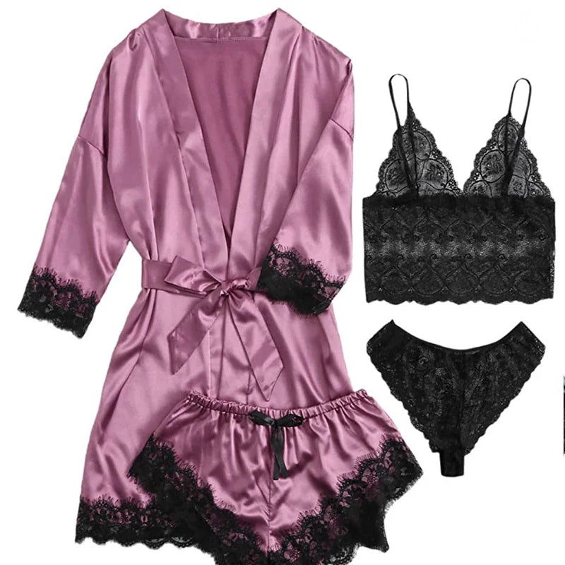 Ensemble Lingerie Femme 4 Pièces Dentelle — Nuisette, Short, Robe de Chambre, Sexy
